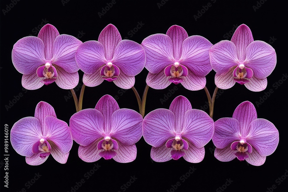 Obraz premium A Row of Six Vivid Purple Orchids with Visible Veins Against a Black Background