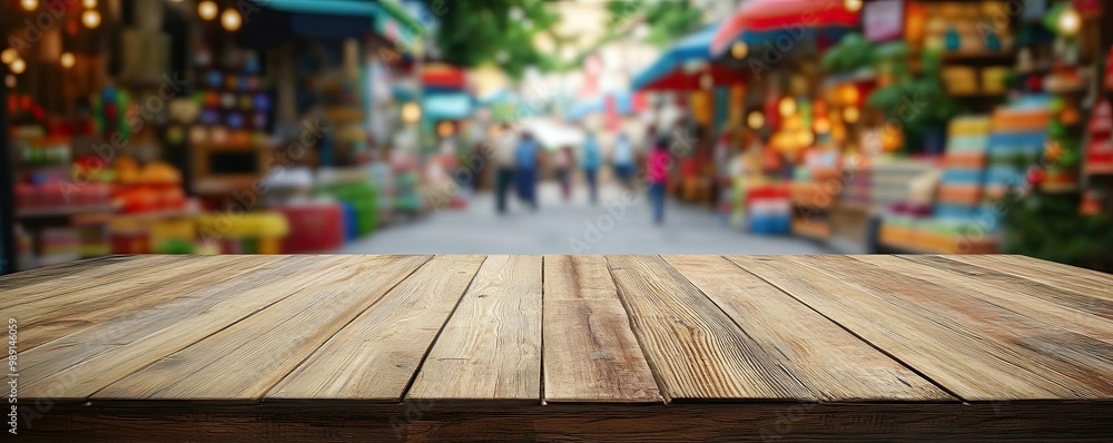 A rustic wooden table in a vibrant market setting, showcasing blurred stalls and colorful goods in the background. A rustic wooden table in a vibrant market setting, showcasing blurred stalls and colorful goods in the background.