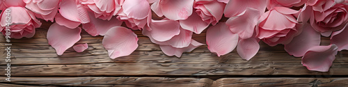 Soft Pink Rose Petals: A close-up of delicate pink rose petals scattered on a wooden table.