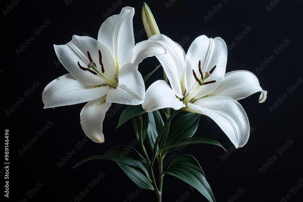 Two White Lilies with Green Stem and Leaves on a Black Background Two White Lilies with Green Stem and Leaves on a Black Background