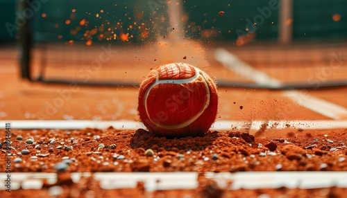 Dynamic tennis ball bounce on Roland Garros clay, vibrant ocher dust particles create striking graphical design photo