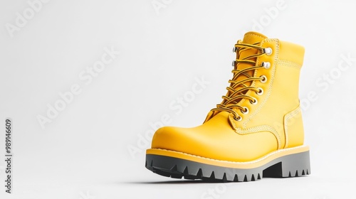 A bright yellow winter boot stands out against a plain white background.