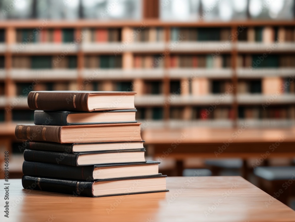 Stack of Books in Front of a Wooden Library Shelves Workspace Stack of Books in Front of a Wooden Library Shelves Workspace