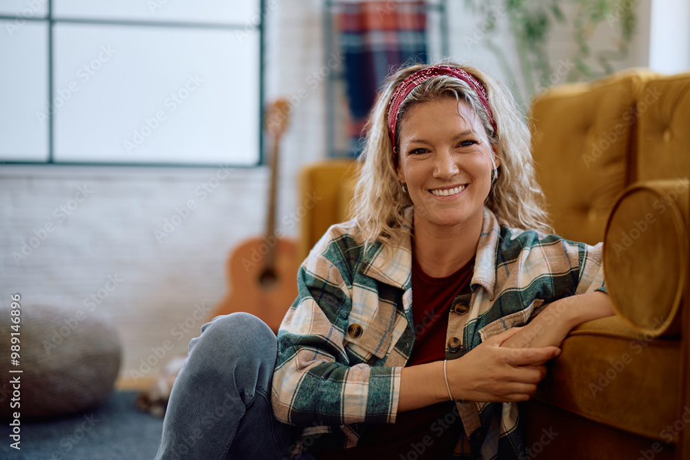 Portrait of happy woman at home looking at camera. Portrait of happy woman at home looking at camera.