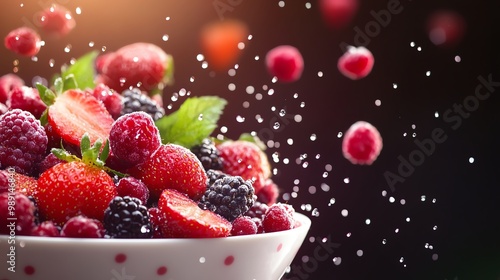 Juicy fresh berries in a bowl, glistening with freshness, vibrant colors, healthy and delicious