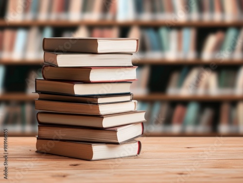 Stack of Books on Wooden Desk with Library Bookshelf Background