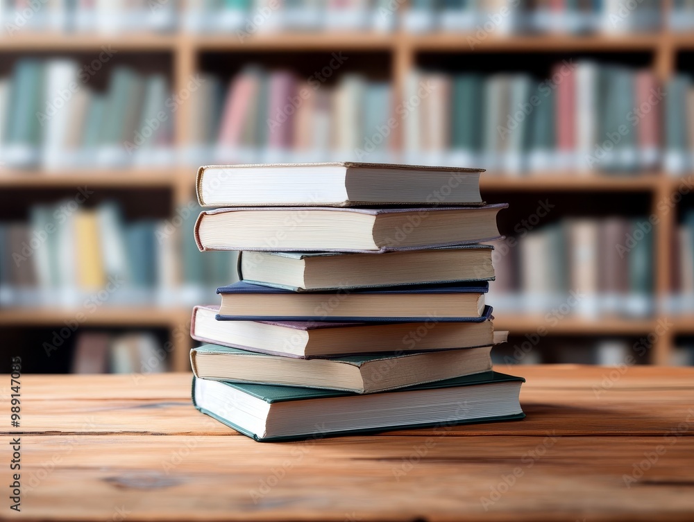 Stacked Books on a Wooden Table in a Study or Library Setting Stacked Books on a Wooden Table in a Study or Library Setting