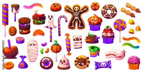 Cartoon Halloween holiday sweets and desserts for trick or treat party, vector icons. Halloween horror night sweet monster candies of skeleton cookie, spooky pumpkin muffin cupcake and ghost lollipop