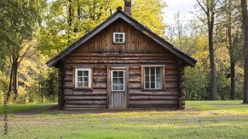 A charming, old wooden cabin with small windows sits in a rural area. It's built from logs, like a cozy mountain home. The brown wooden house is made from oak trees, giving it a rustic feel.