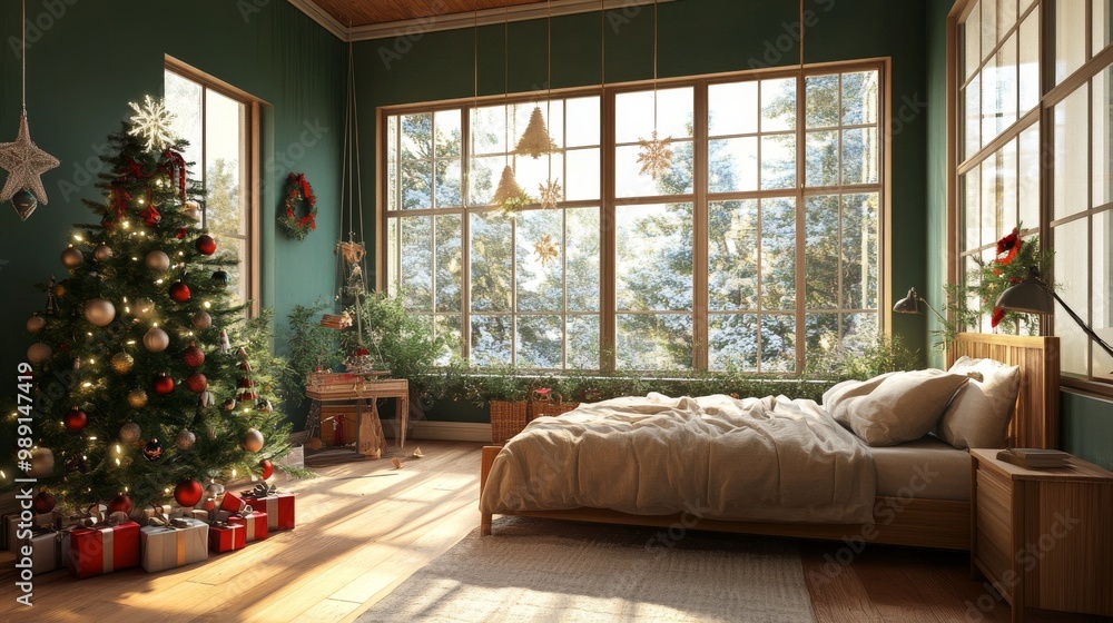 A cheerful bedroom with a Christmas tree, comfy bed, and lots of windows. Green walls and wooden furniture make the room feel bright and spacious. A cheerful bedroom with a Christmas tree, comfy bed, and lots of windows. Green walls and wooden furniture make the room feel bright and spacious.