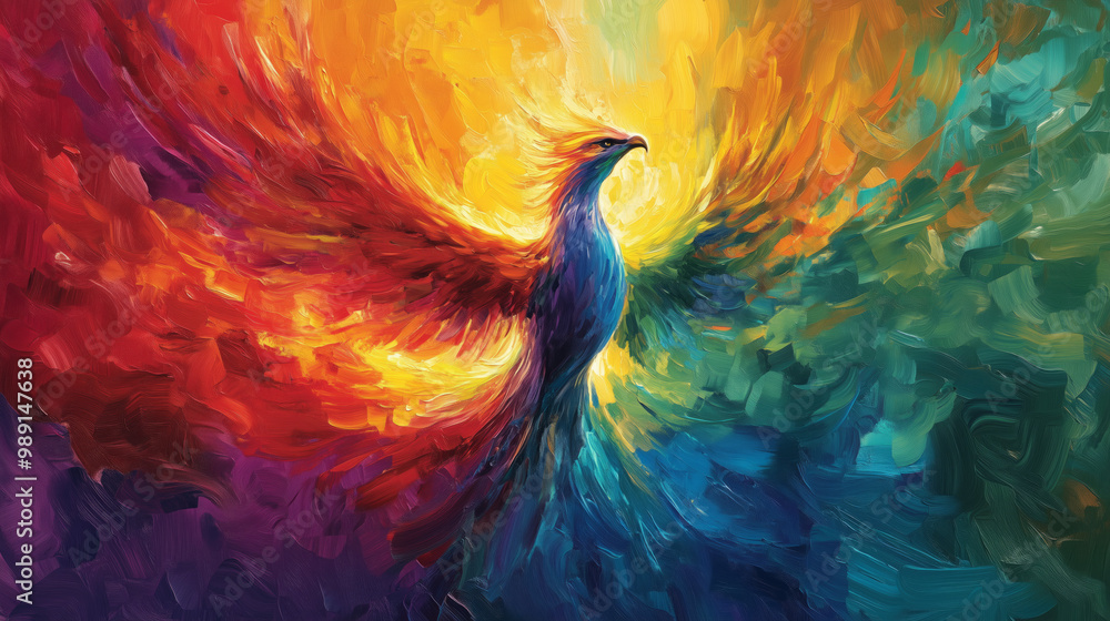 Obraz premium A vibrant, colorful phoenix spreads its wings, rising from fiery reds and yellows to cooler blues and greens in a dynamic, textured style.