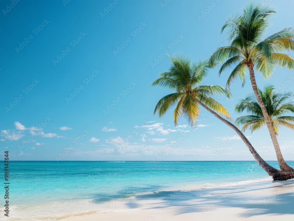 Swaying Palm Trees along the Idyllic Tropical Coastline with Turquoise Waters and Clear Blue Sky Swaying Palm Trees along the Idyllic Tropical Coastline with Turquoise Waters and Clear Blue Sky
