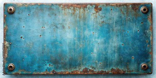 Weathered rustic blue metal plate with scratches and holes, perfect for adding a distressed and industrial touch to your design projects