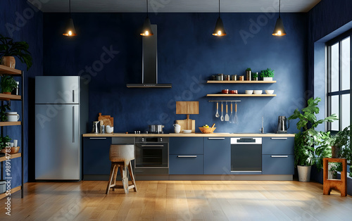 Modern style kitchen interior design with dark blue wall- 3D rendering  