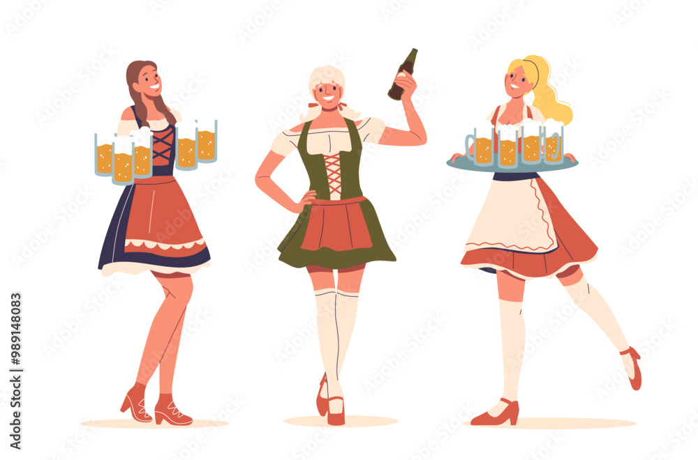 Three Women In Traditional German Costumes Joyfully Holding Beer Mugs. They Are Dressed In Colorful Dirndls Three Women In Traditional German Costumes Joyfully Holding Beer Mugs. They Are Dressed In Colorful Dirndls