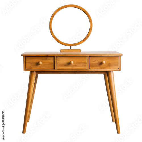 Wood vanity table with round mirror transparent