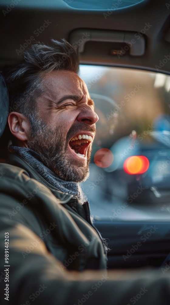 A bearded man in a car shows strong emotion, possibly anger, shouting with mouth wide open. Urban traffic setting, busy streets, congestion implied. A bearded man in a car shows strong emotion, possibly anger, shouting with mouth wide open. Urban traffic setting, busy streets, congestion implied.