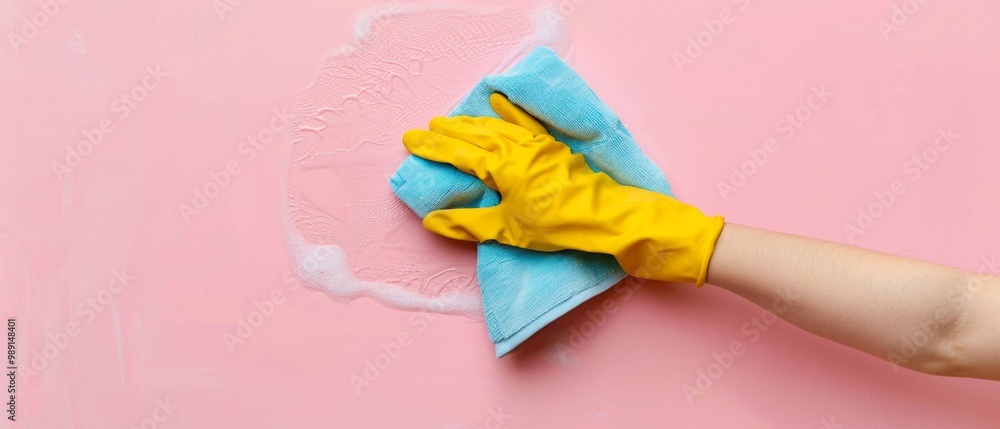 Hand in yellow gloves wipes pink wall with blue cloth, highlighting thorough cleaning for a tidy, hygienic space. Hand in yellow gloves wipes pink wall with blue cloth, highlighting thorough cleaning for a tidy, hygienic space.