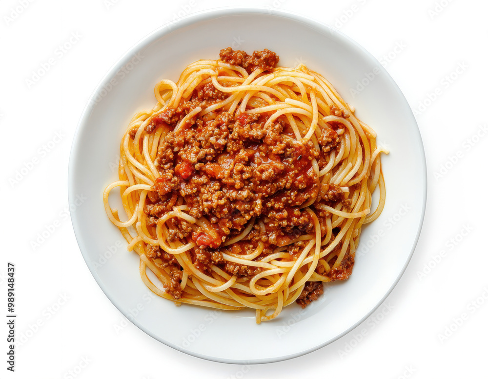 Spaghetti with Bolognese Sauce on White Plate Top View Spaghetti with Bolognese Sauce on White Plate Top View