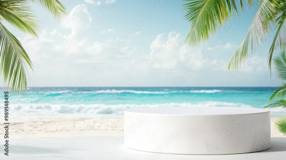 Obraz premium Tranquil Tropical Beach Paradise with Swaying Palm Trees and Turquoise Ocean Waves