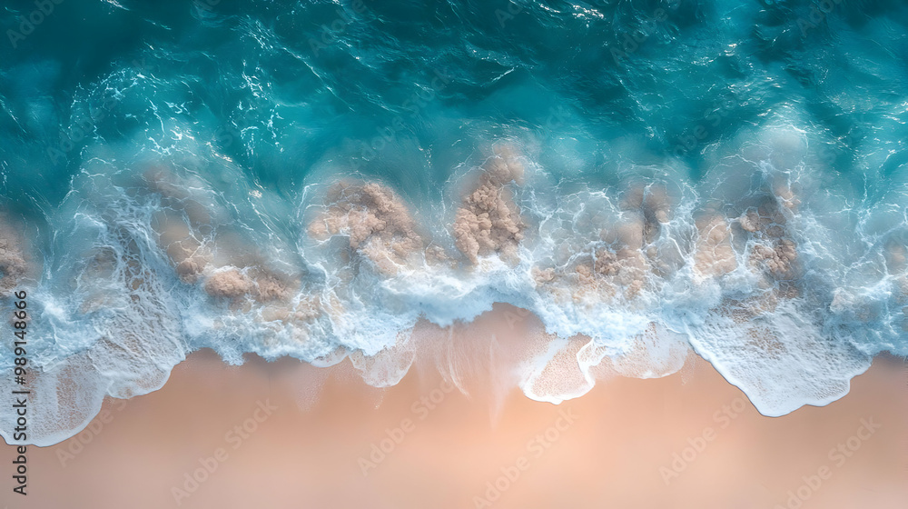 Ocean Waves Crashing on Sandy Beach, Aerial View Ocean Waves Crashing on Sandy Beach, Aerial View