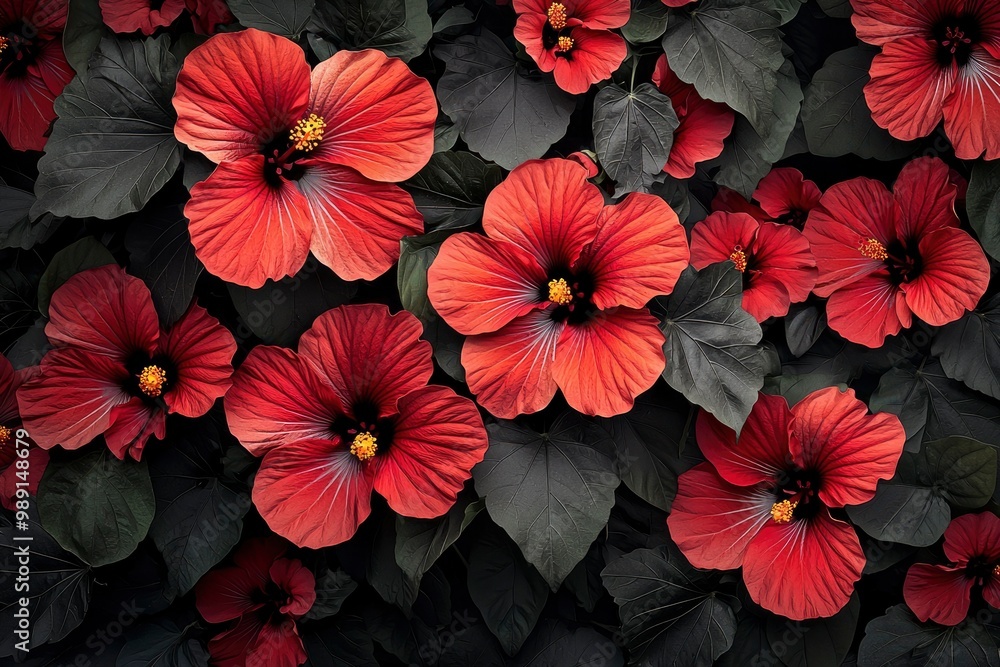 Lush Red Hibiscus Flowers Against Dark Foliage Lush Red Hibiscus Flowers Against Dark Foliage