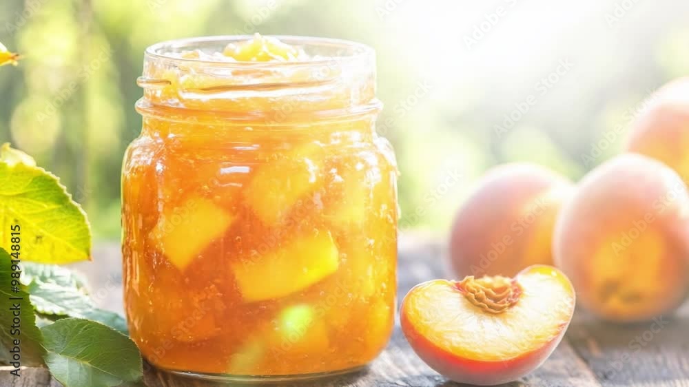 Freshly made peach jam alongside ripe peaches in a sunny garden setting during the summer Freshly made peach jam alongside ripe peaches in a sunny garden setting during the summer