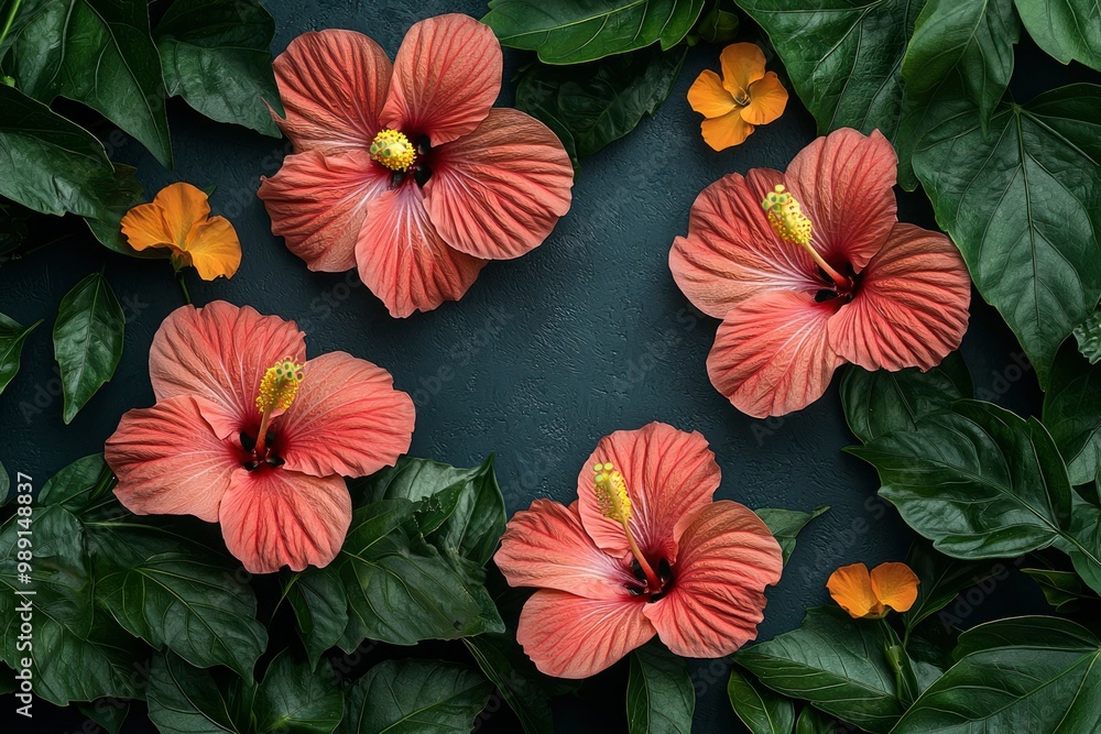 custom made wallpaper toronto digitalCoral Hibiscus Flowers and Green Leaves on a Dark Background