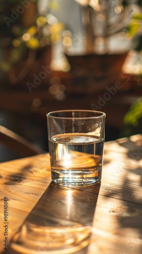 A glass of water with lemon on a wooden table in sunlight, possibly in a café. Crate background, shadows, and afternoon ambiance depicted.