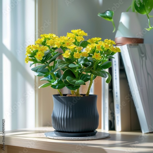 Wallpaper Mural Kalanchoe Plant with Yellow Flowers on Bookshelf in Stylish Pot

 Torontodigital.ca