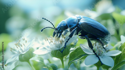 Shiny Blue Beetle on White Flower Macro Illustration