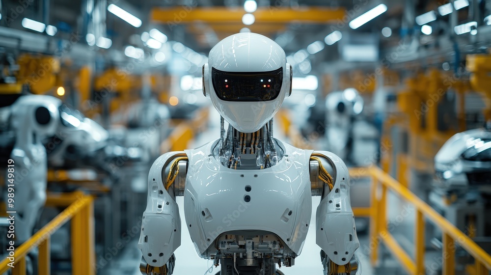 A humanoid robot with a sleek design is prominently featured in a busy manufacturing facility. Surrounding it are other robots engaged in automated assembly, highlighting innovation A humanoid robot with a sleek design is prominently featured in a busy manufacturing facility. Surrounding it are other robots engaged in automated assembly, highlighting innovation