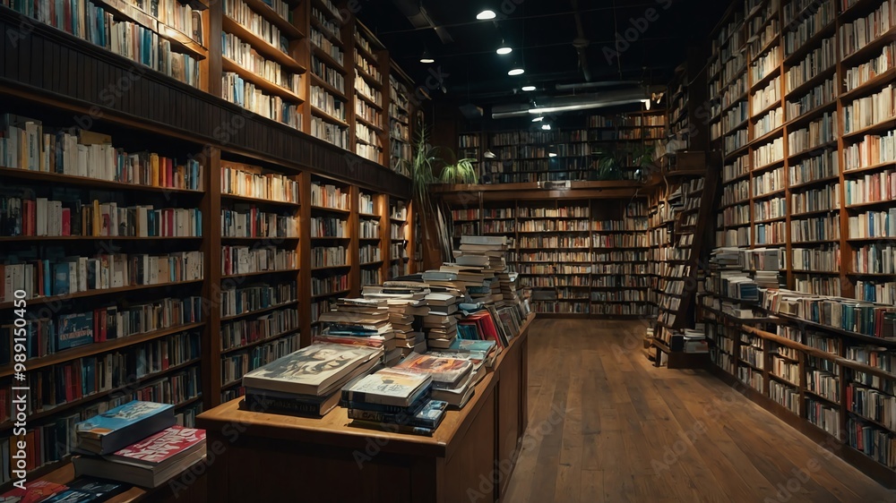 Fototapeta premium Bookstore with shelves of novels and magazines background