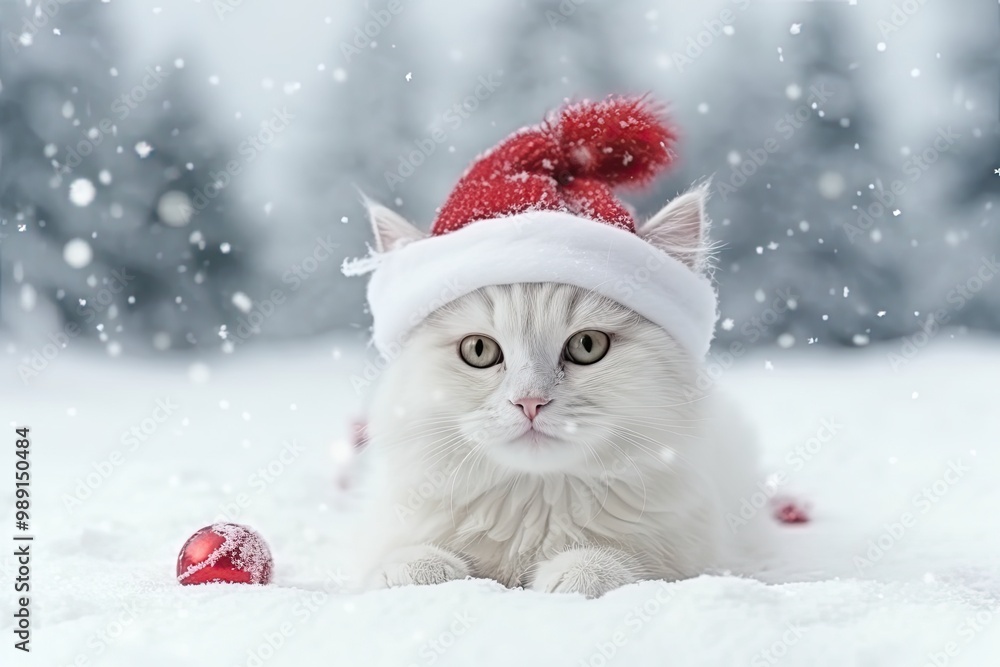 A fluffy white cat with bright eyes wears a Santa hat while lying in fresh snow. Red ornaments add a cheerful touch to the winter landscape A fluffy white cat with bright eyes wears a Santa hat while lying in fresh snow. Red ornaments add a cheerful touch to the winter landscape