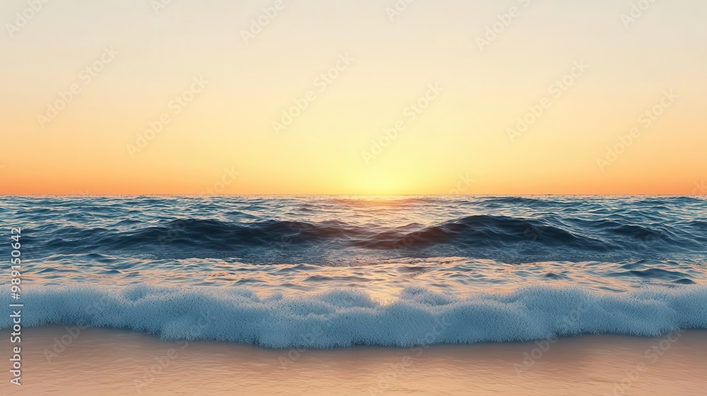 Obraz premium Ocean landscape at dawn, soft waves lapping against the shoreline, glowing orange sky, vast horizon, serene atmosphere, photorealistic detail