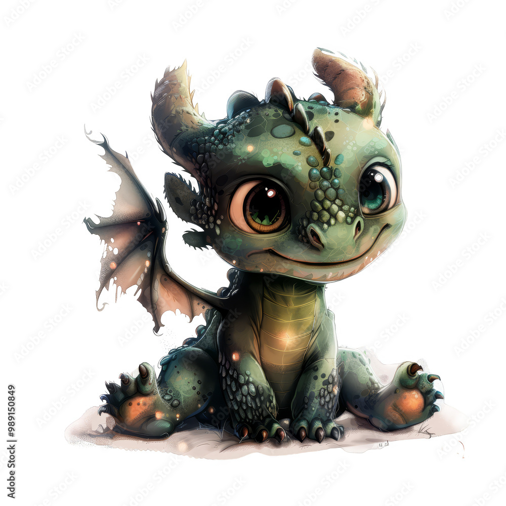 A cute green baby dragon with big eyes and a friendly smile sits on a cloud. A cute green baby dragon with big eyes and a friendly smile sits on a cloud.