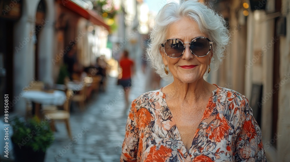 Elegant Senior Woman Enjoying a Leisurely Stroll in a Charming European Town Elegant Senior Woman Enjoying a Leisurely Stroll in a Charming European Town