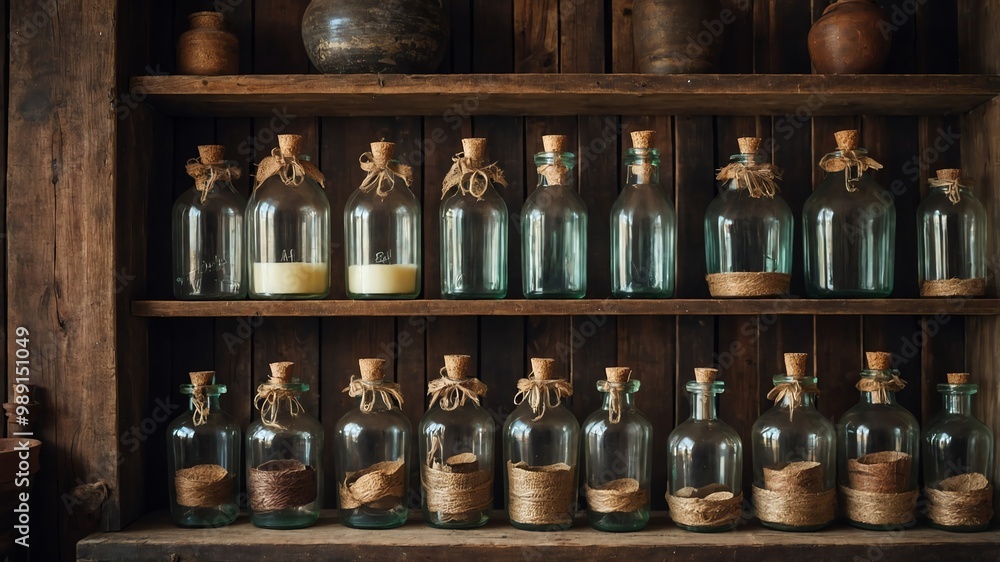 Bottles and jars on rustic wooden shelf background Bottles and jars on rustic wooden shelf background