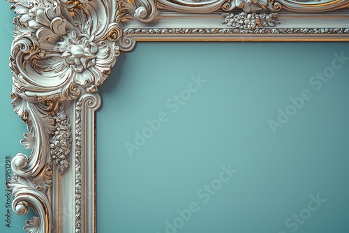 This setting showcases an elegant, ornate frame with intricate floral patterns, resting against a calming light blue background, ideal for showcasing artwork photo