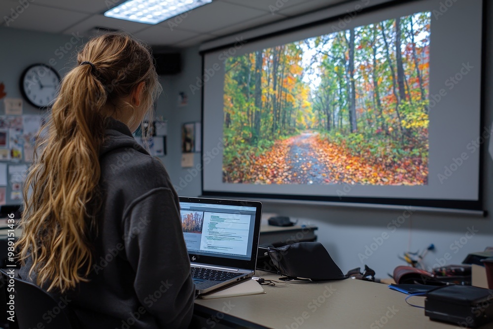 A student sits at a desk in a classroom, focused on their laptop. Behind them, a vibrant autumn forest scene with colorful leaves is projected on the wall A student sits at a desk in a classroom, focused on their laptop. Behind them, a vibrant autumn forest scene with colorful leaves is projected on the wall