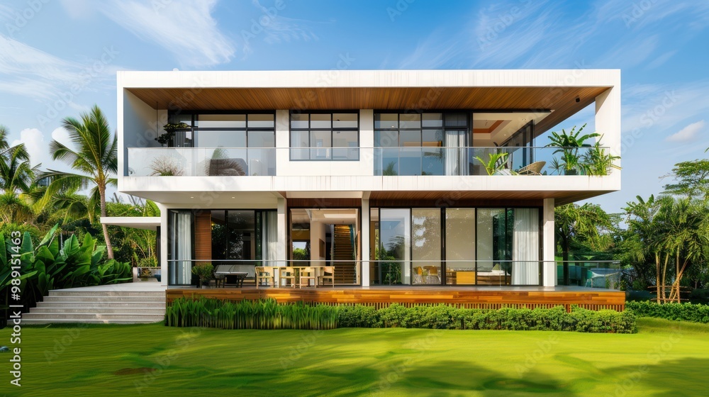 Modern House with Green Lawn and Palm Trees Modern House with Green Lawn and Palm Trees