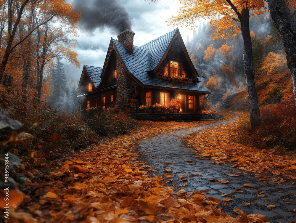 An autumn path covered in golden leaves leading to a cottage, where a family is preparing for Thanksgiving dinner. Smoke rises from the chimney. An autumn path covered in golden leaves leading to a cottage, where a family is preparing for Thanksgiving dinner. Smoke rises from the chimney.