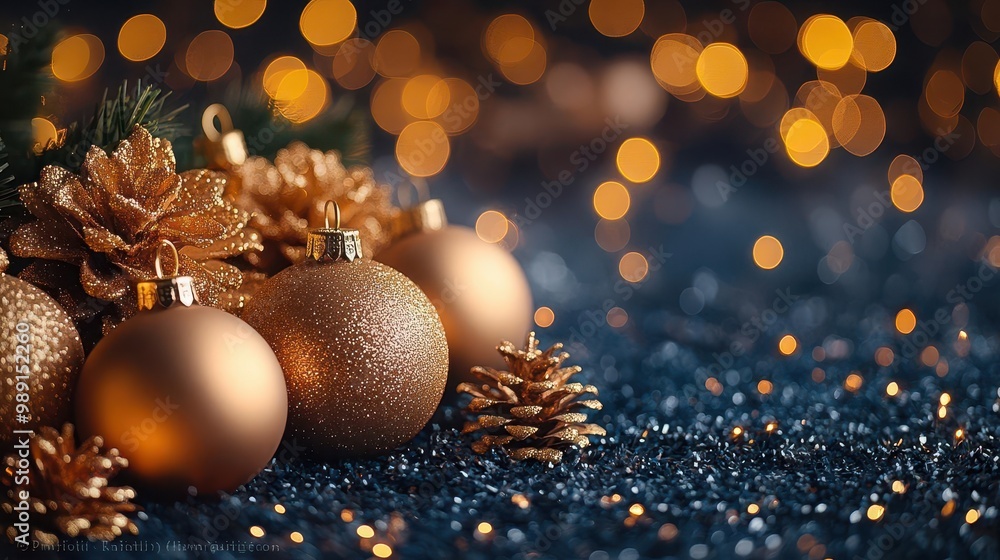 Fototapeta premium luxurious christmas scene with golden ornaments and ribbons artfully arranged on deep navy background soft bokeh lights
