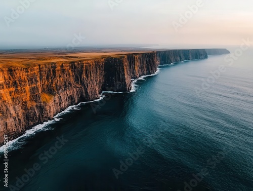 Ocean shoreline with towering cliffs, mist rising from the water, vast horizon, soft golden light, high-definition detail, wide panoramic shot