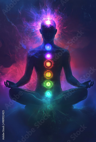 A meditating being with a chakra aura and lotus flower, glowing from the center of their chest in vibrant colors, sitting cross-legged on an ethereal background