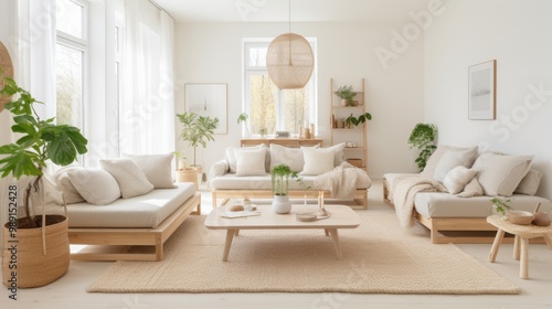 A serene, light-filled living room with soft, neutral tones and cozy furnishings invites relaxation and serenity.