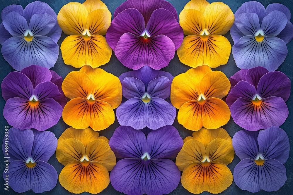 A symmetrical arrangement of purple and yellow pansies on a dark surface. A symmetrical arrangement of purple and yellow pansies on a dark surface.