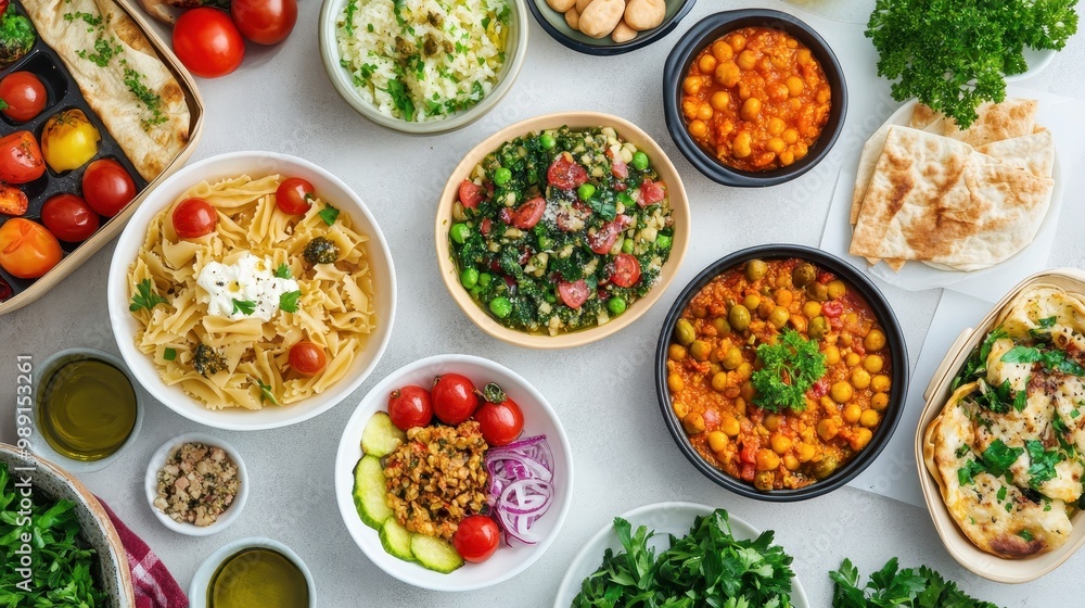A vibrant spread of assorted Mediterranean dishes and fresh ingredients on a table. A vibrant spread of assorted Mediterranean dishes and fresh ingredients on a table.