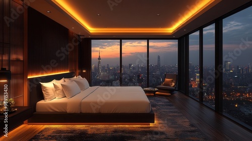 luxurious hotel suite bedroom with plush kingsize bed crisp white linens fluffy pillows soft ambient lighting minimalist decor panoramic city views through floortoceiling windows