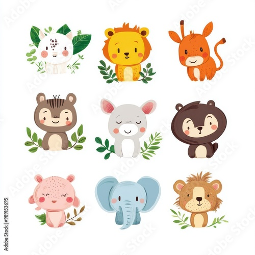 Wallpaper Mural Cute collection of cartoon animals with friendly faces, perfect for children's illustrations and playful designs. Torontodigital.ca